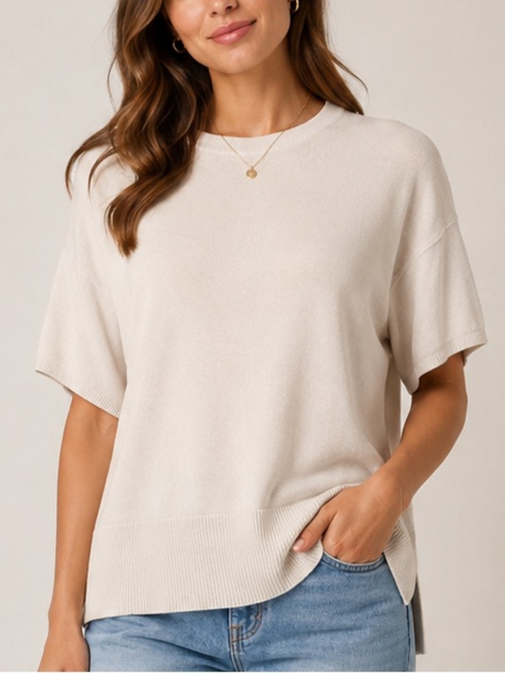 Splendid Ivory Boxy Relaxed Fit Dropped Shoulder Dolman Short Sleeve Cream Shirt